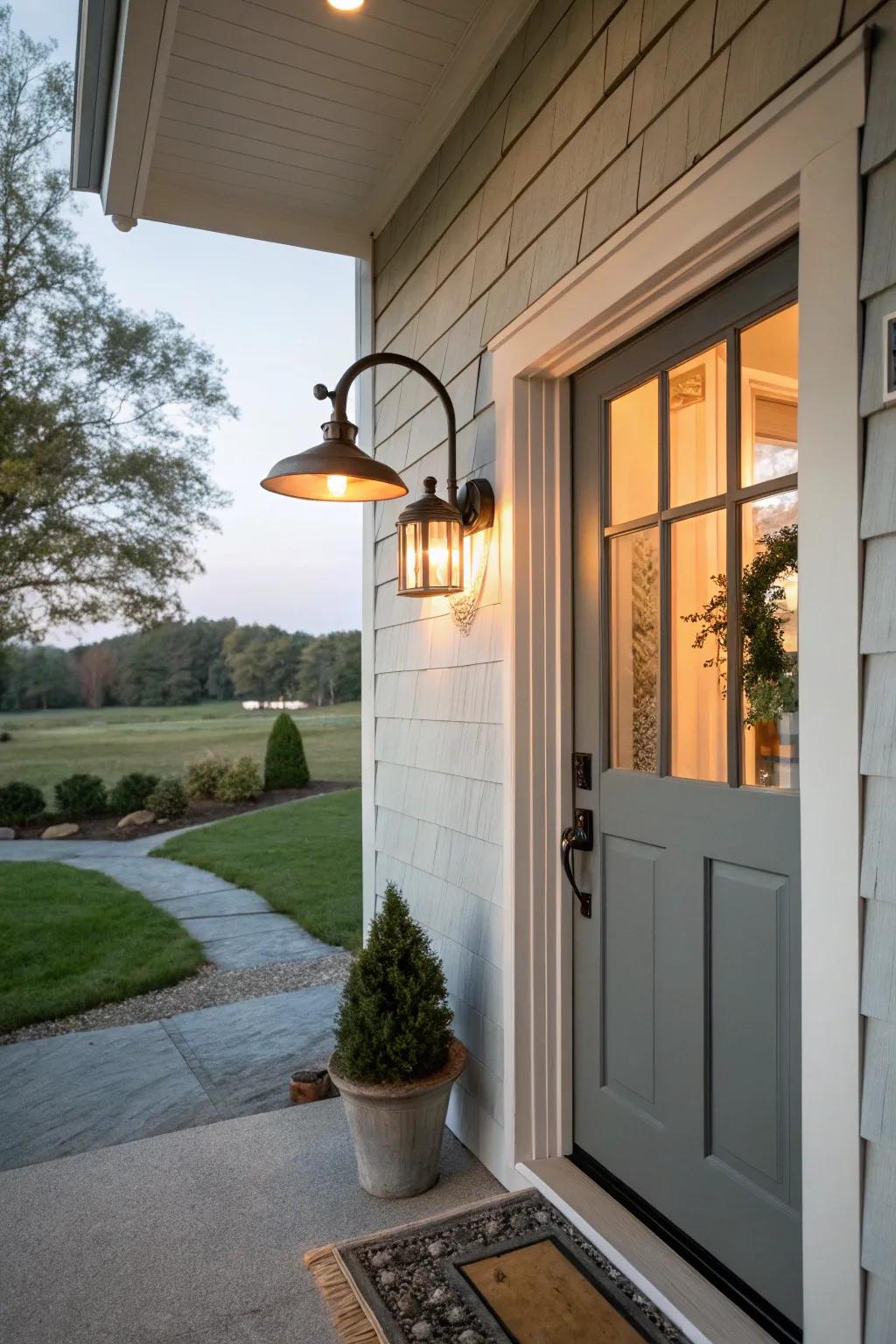 Gooseneck lights add a vintage charm to any entrance.