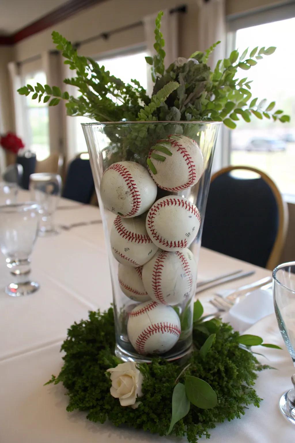 A timeless baseball vase centerpiece that combines simplicity with sports charm.