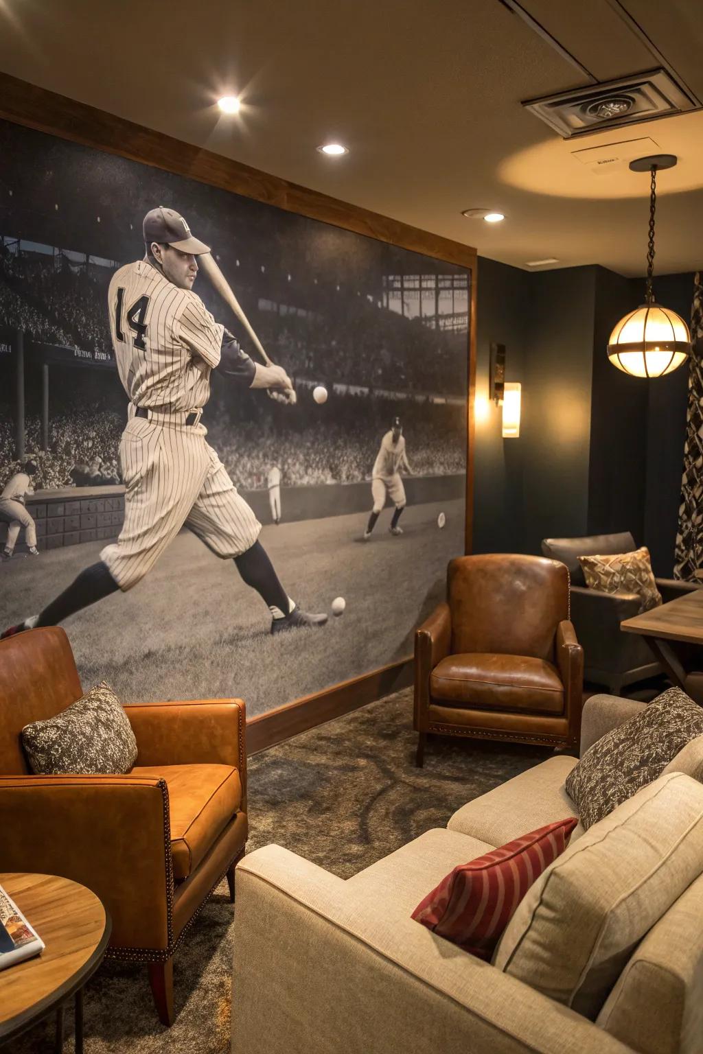 Bring history to life with a vintage baseball mural in your den.