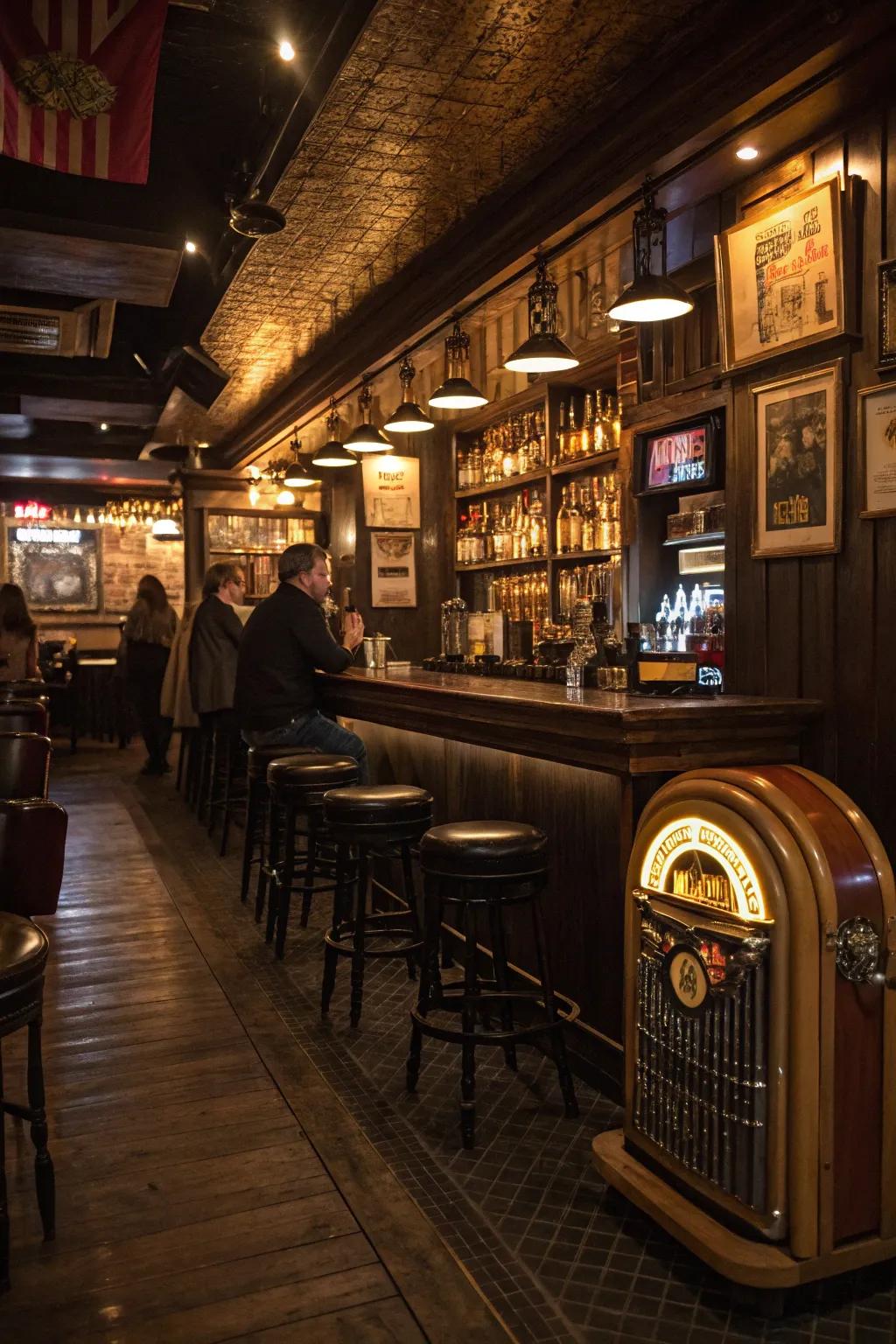 Capture the essence of a classic pub in your basement bar.