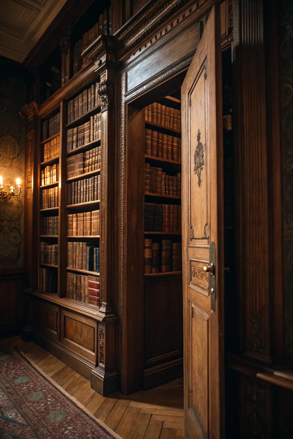 Unlock the mystery with a single book – a hidden door awaits behind this elegant bookshelf.