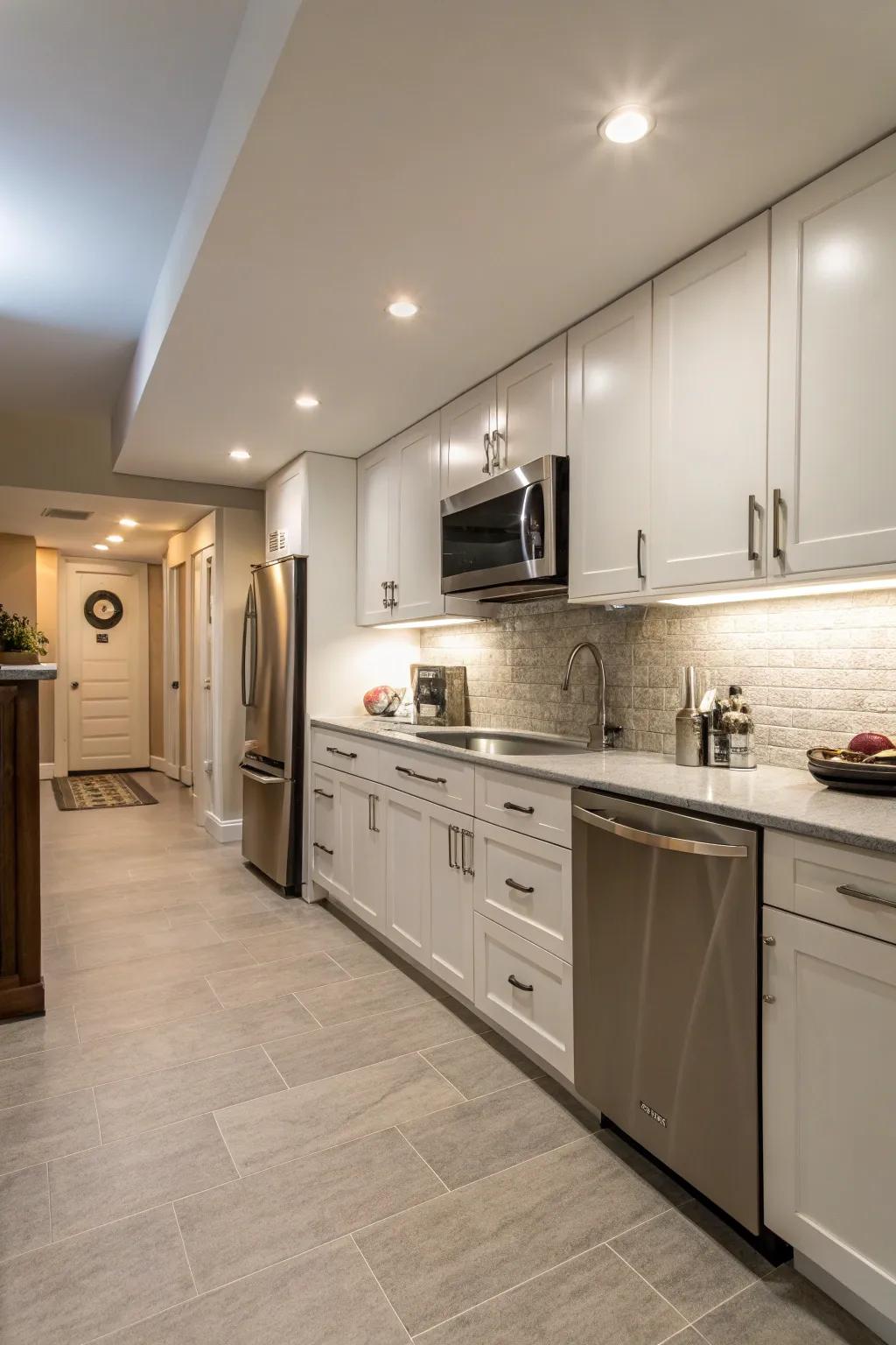 A one-wall layout maximizes space and efficiency in a basement kitchen.