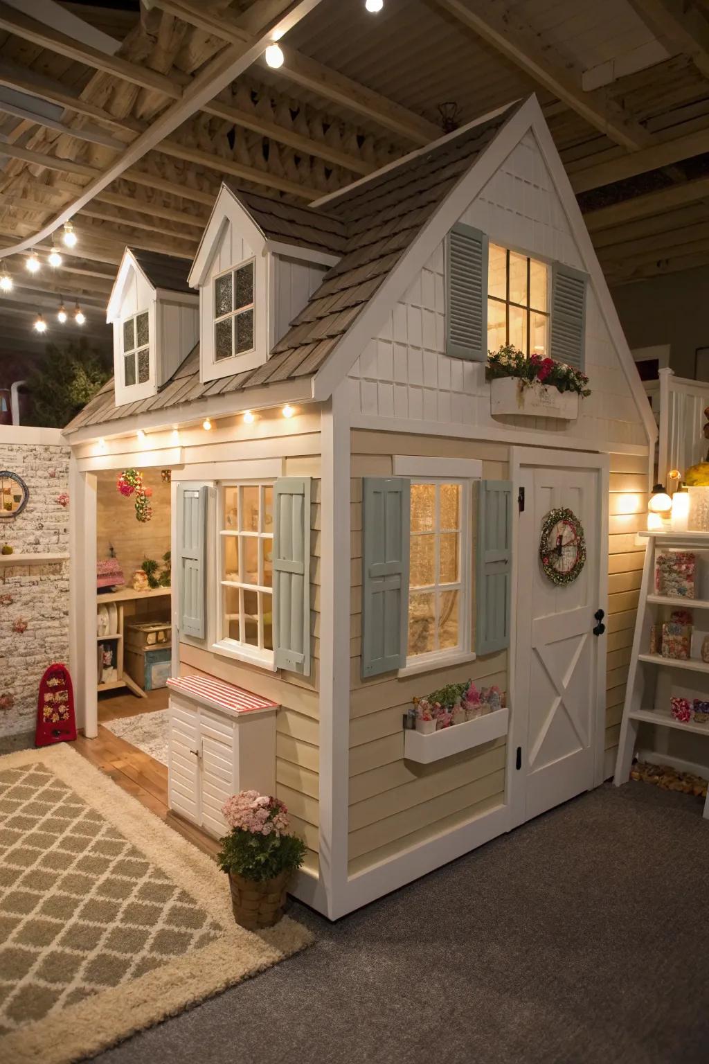 A charming miniature house playhouse nestled in your basement.