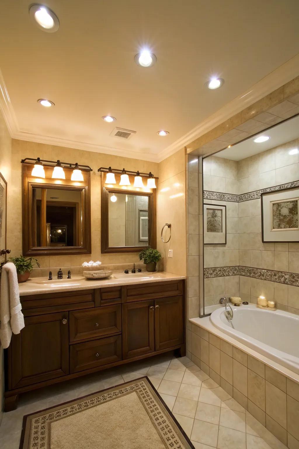 Recessed lighting in a bathroom bulkhead adds warmth and functionality.