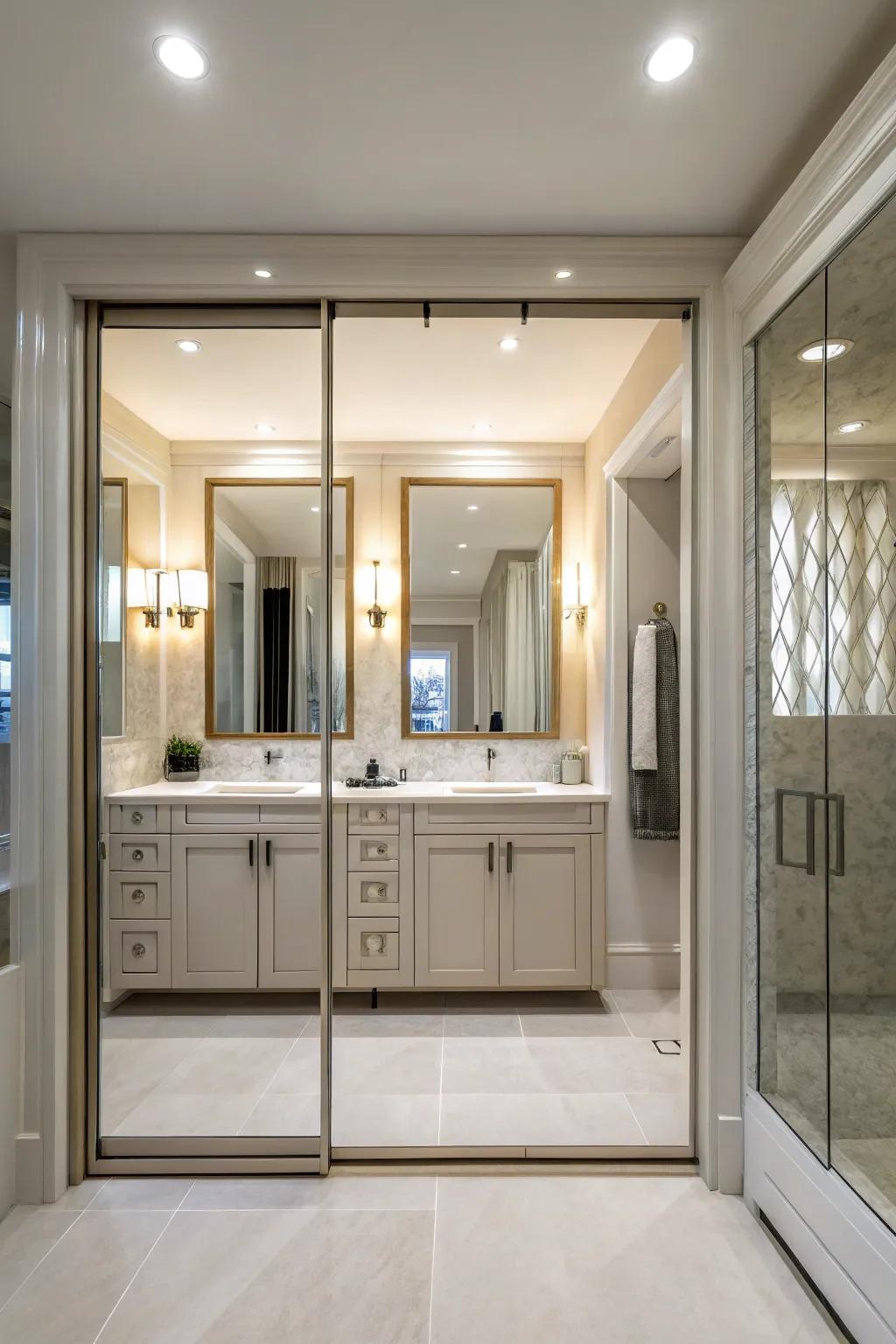 Mirrored doors bring light and the illusion of space to small bathrooms.