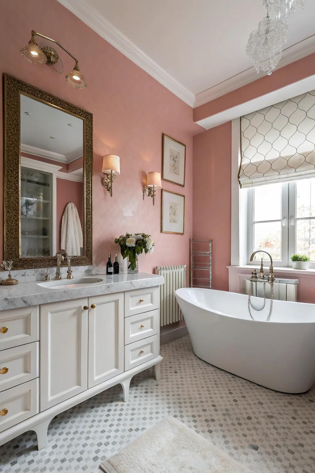 Soft pink walls create a gentle and inviting bathroom atmosphere.