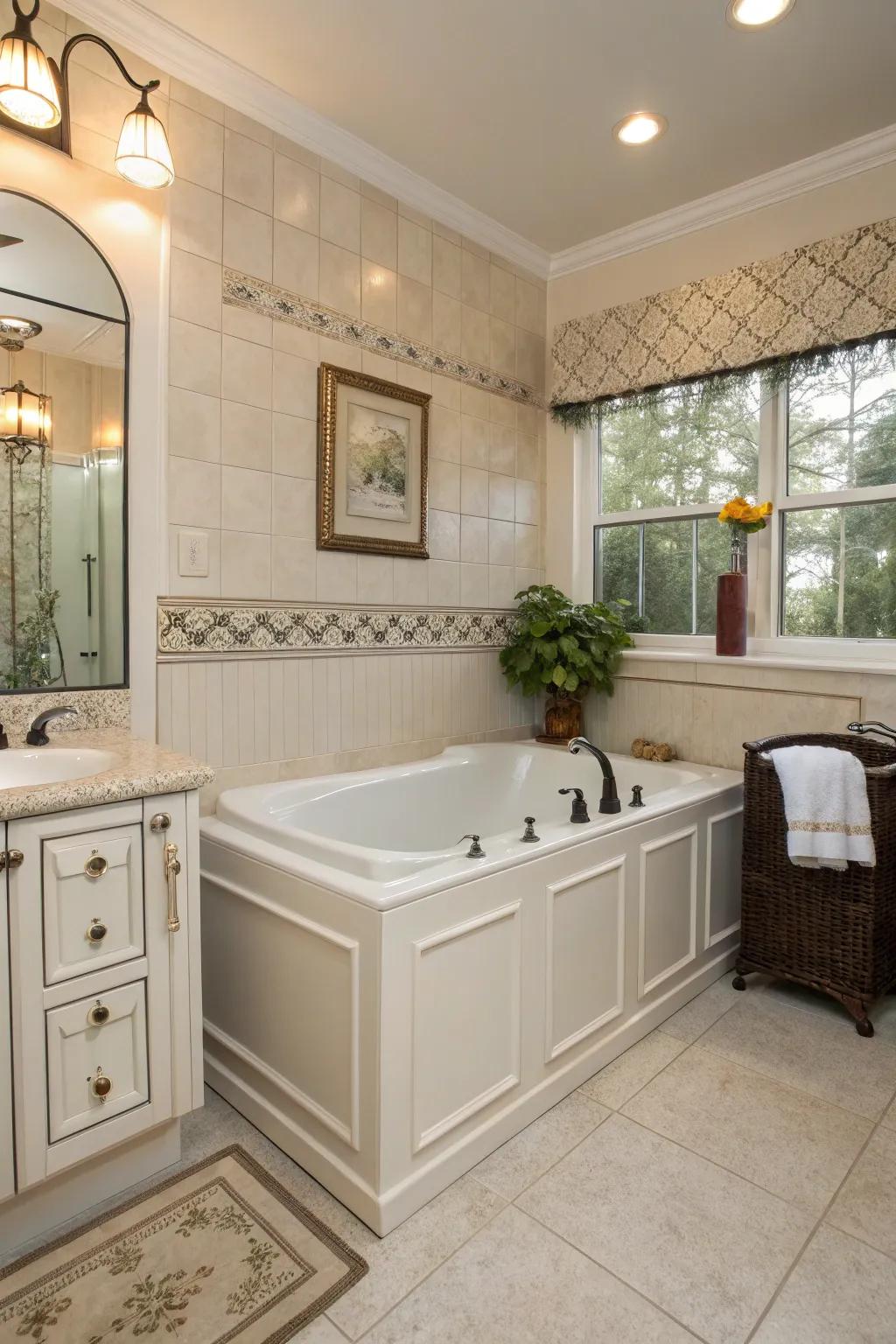 A classic white walk-in tub offers timeless appeal and versatility.