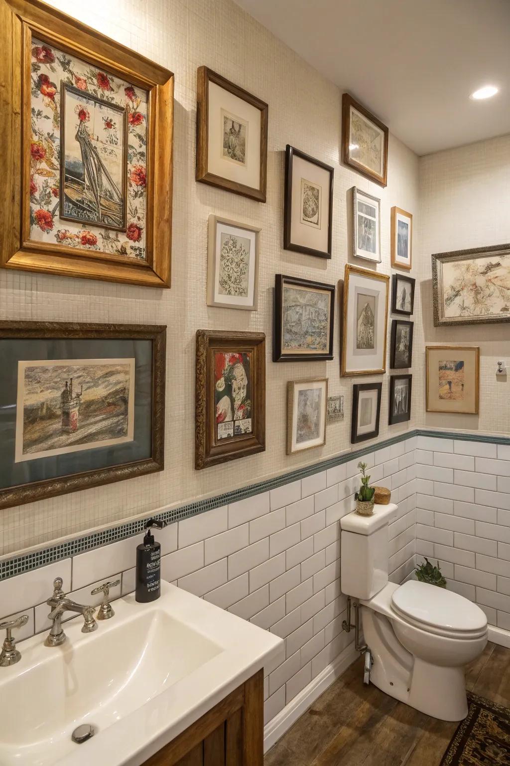 A bathroom gallery wall featuring an eclectic mix of vintage art.