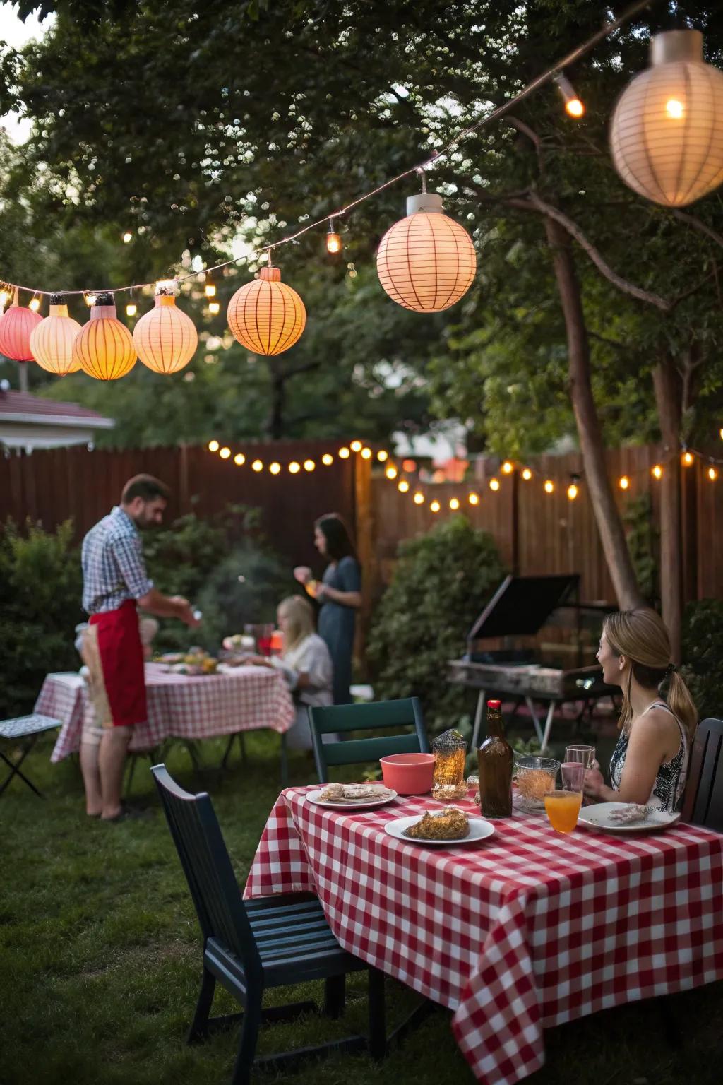 Classic country charm with checkered tablecloths and vintage lanterns.