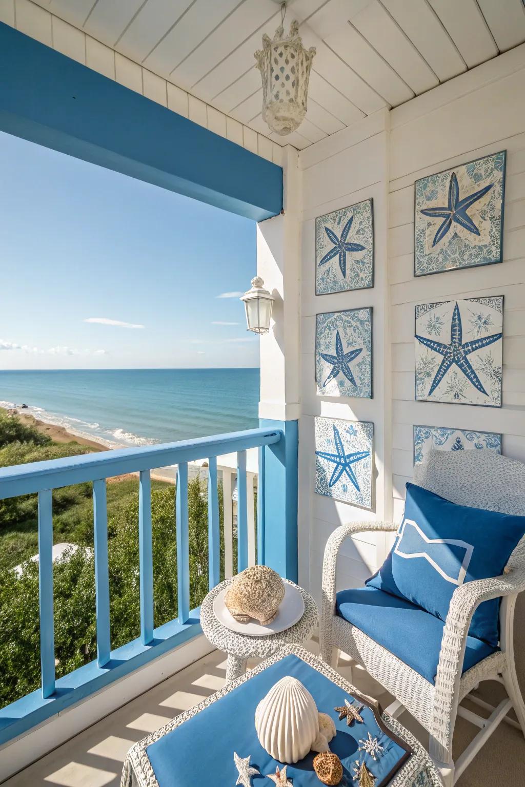 A coastal color palette of blues and whites sets the stage for a beachy balcony.