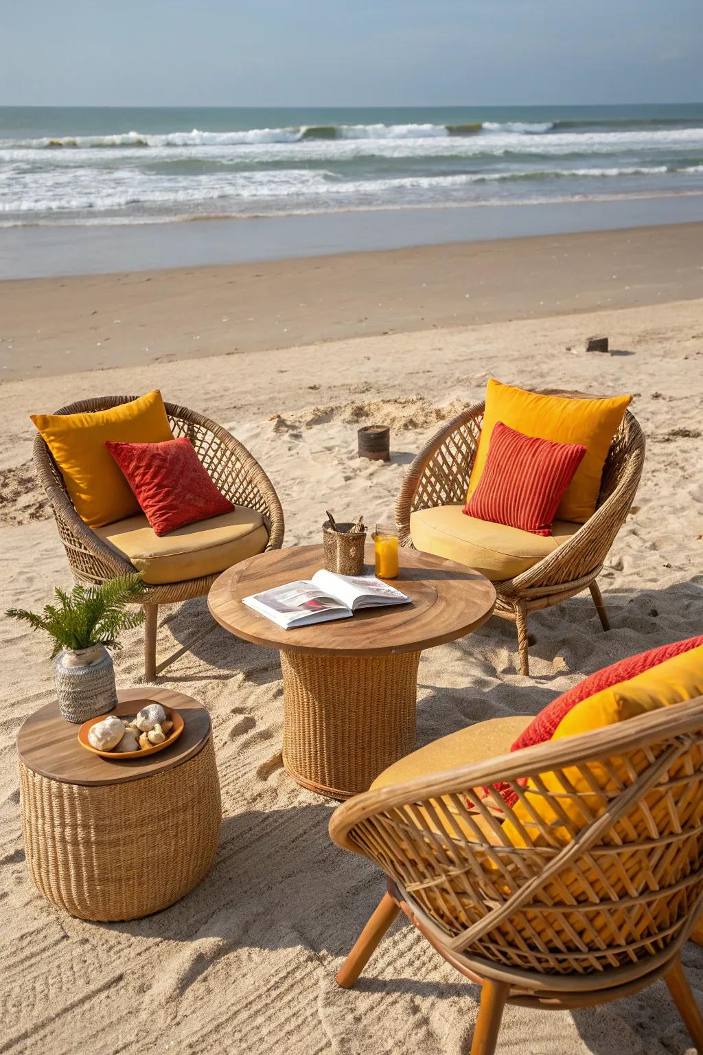 Wicker chairs with colorful cushions create the perfect beach ambiance.