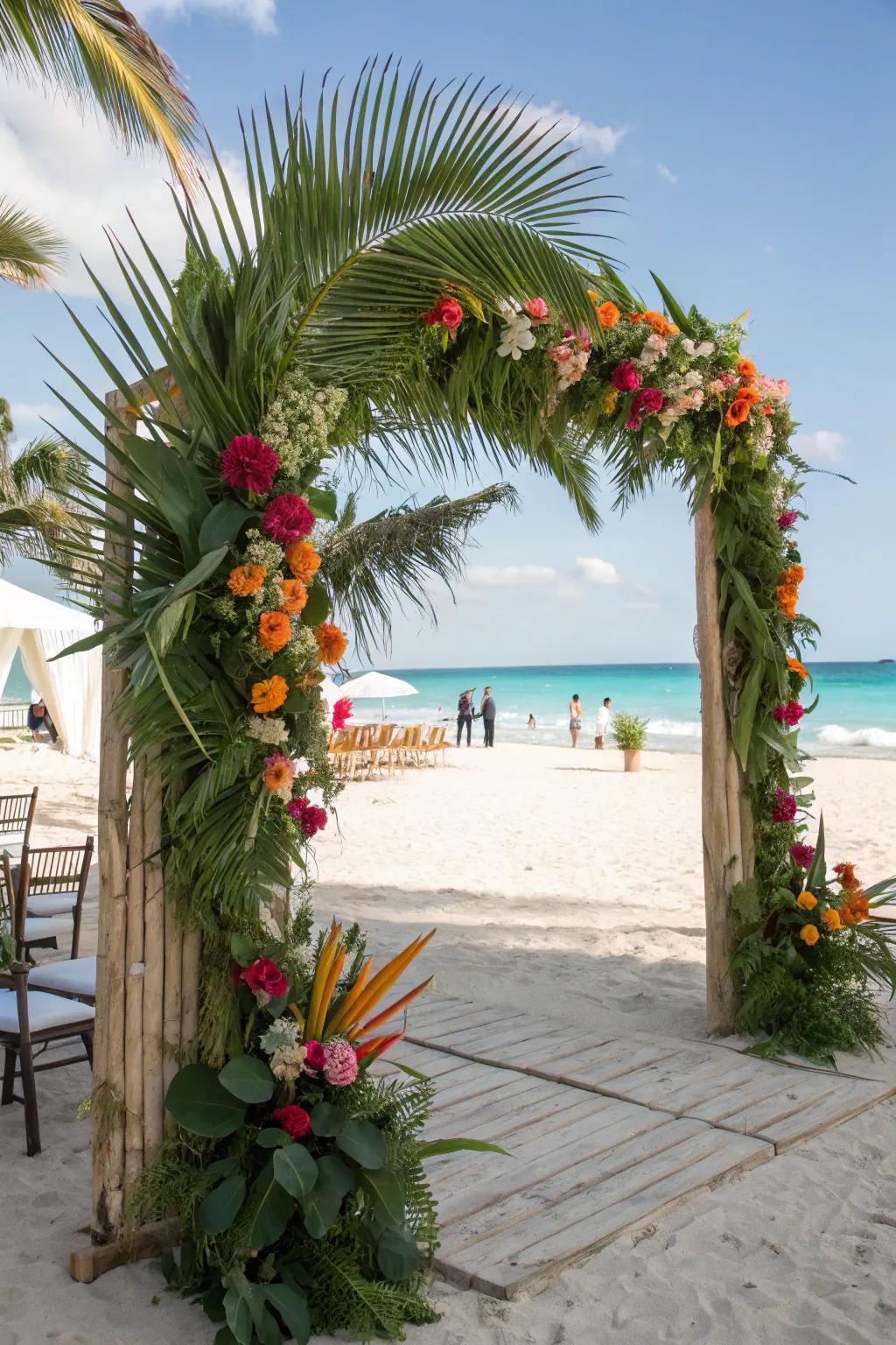 An inviting tropical entrance arch made from palm leaves and flowers.