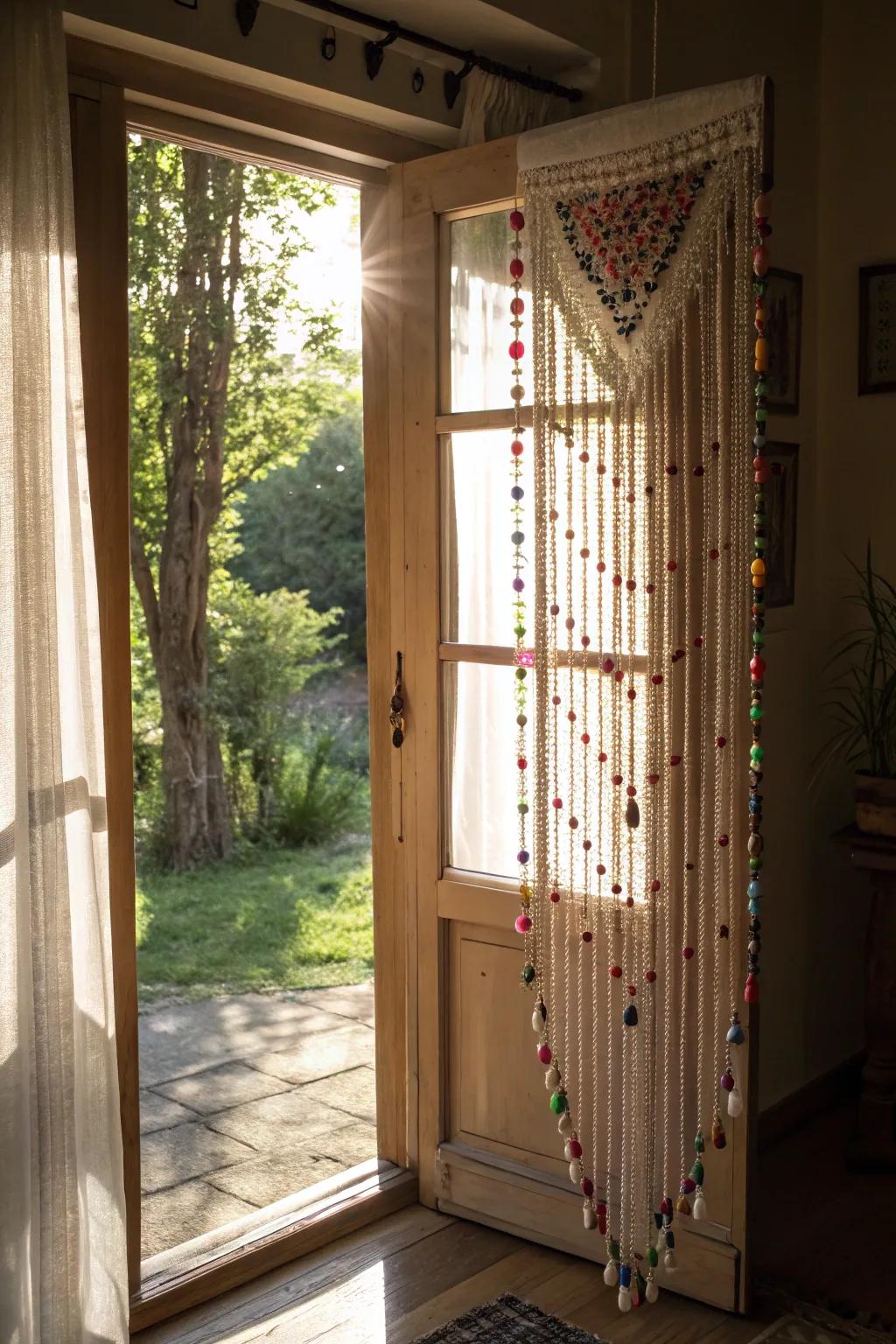 A sunlit doorway adorned with a playful beaded curtain.