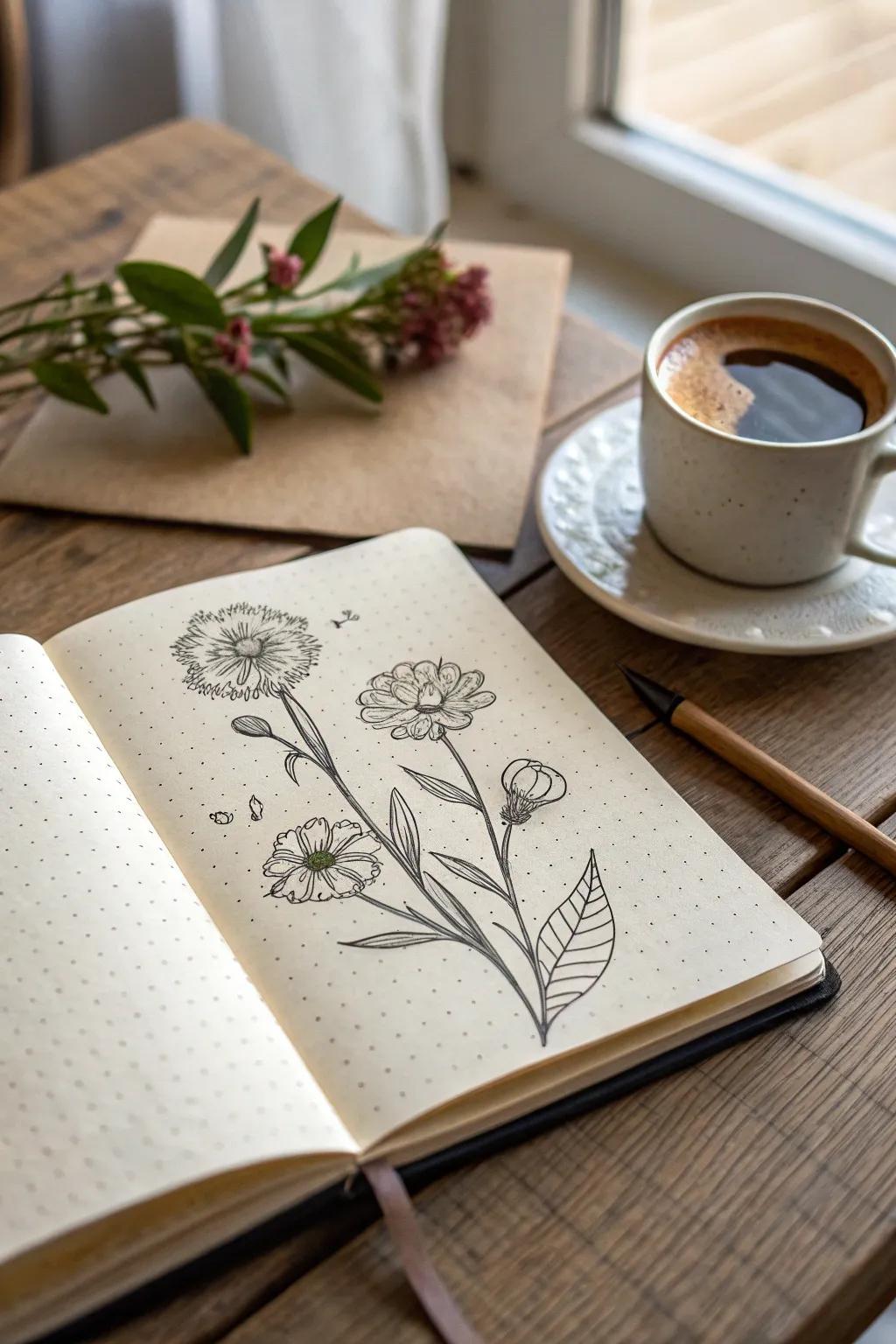 Start your day with serene creativity; let hand-drawn blooms inspire your journaling journey.