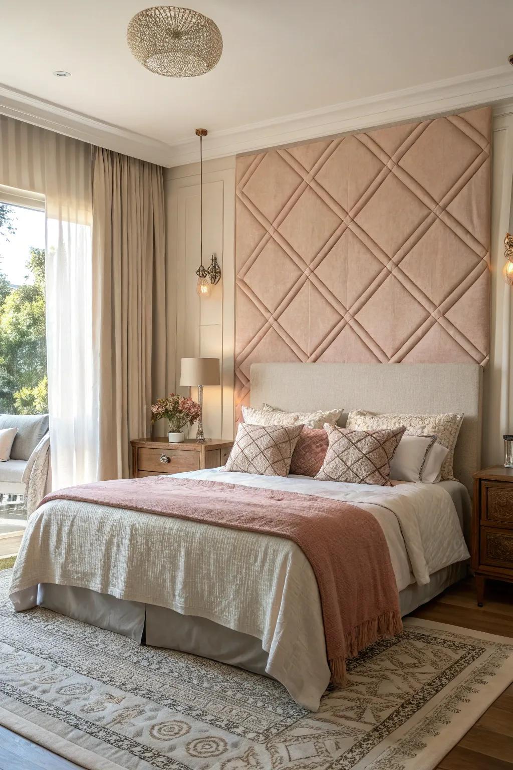 A cozy bedroom with a textured fabric panel backdrop.