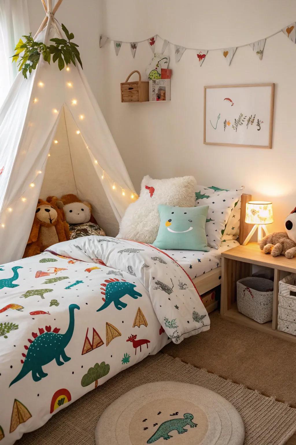 A toddler's bedroom featuring dinosaur-themed bedding that invites adventure and play.