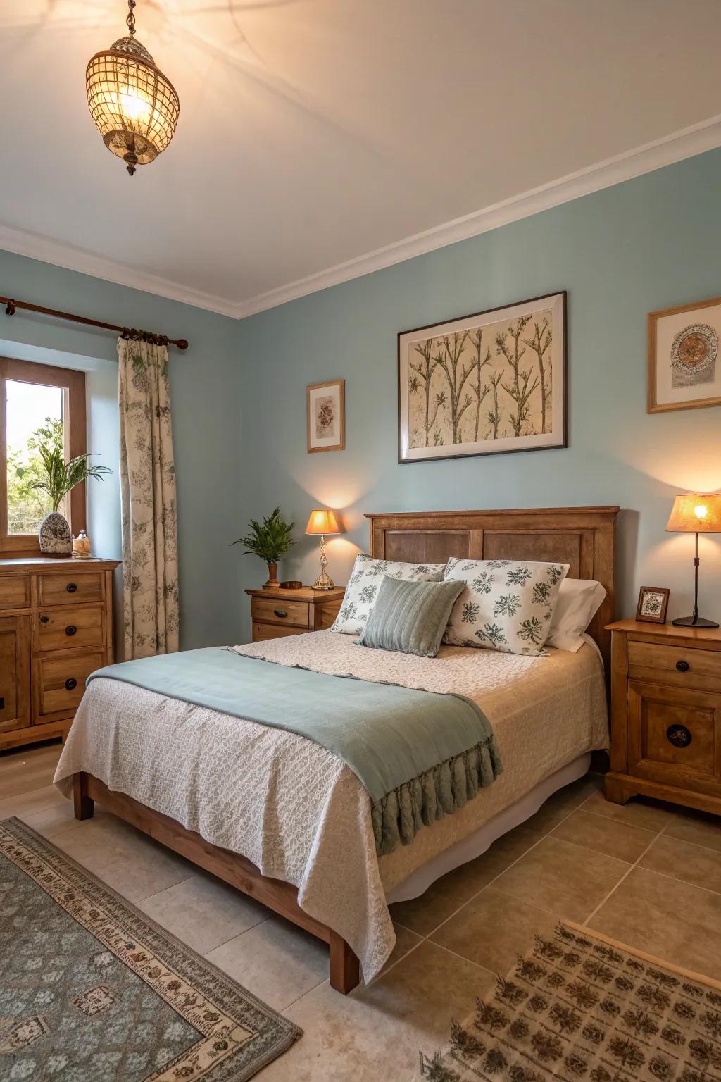 A serene bedroom with a soft blue palette that soothes the senses.