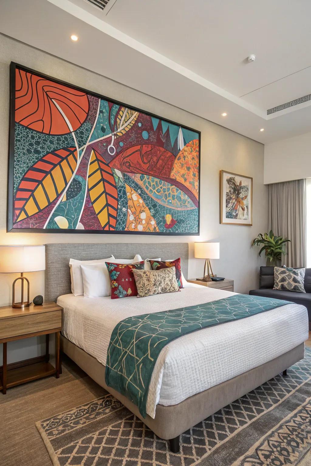 A large abstract canvas adds a pop of color and character to your bedroom.