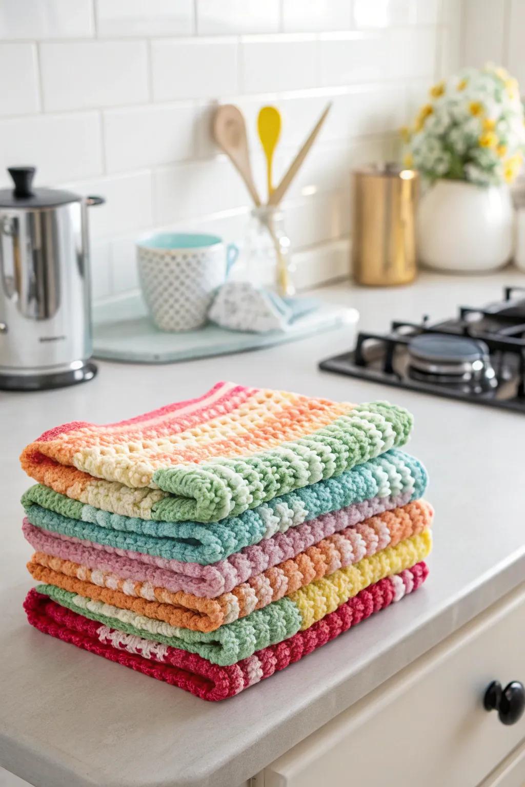 Handmade crochet dishcloths add a splash of color to any kitchen.