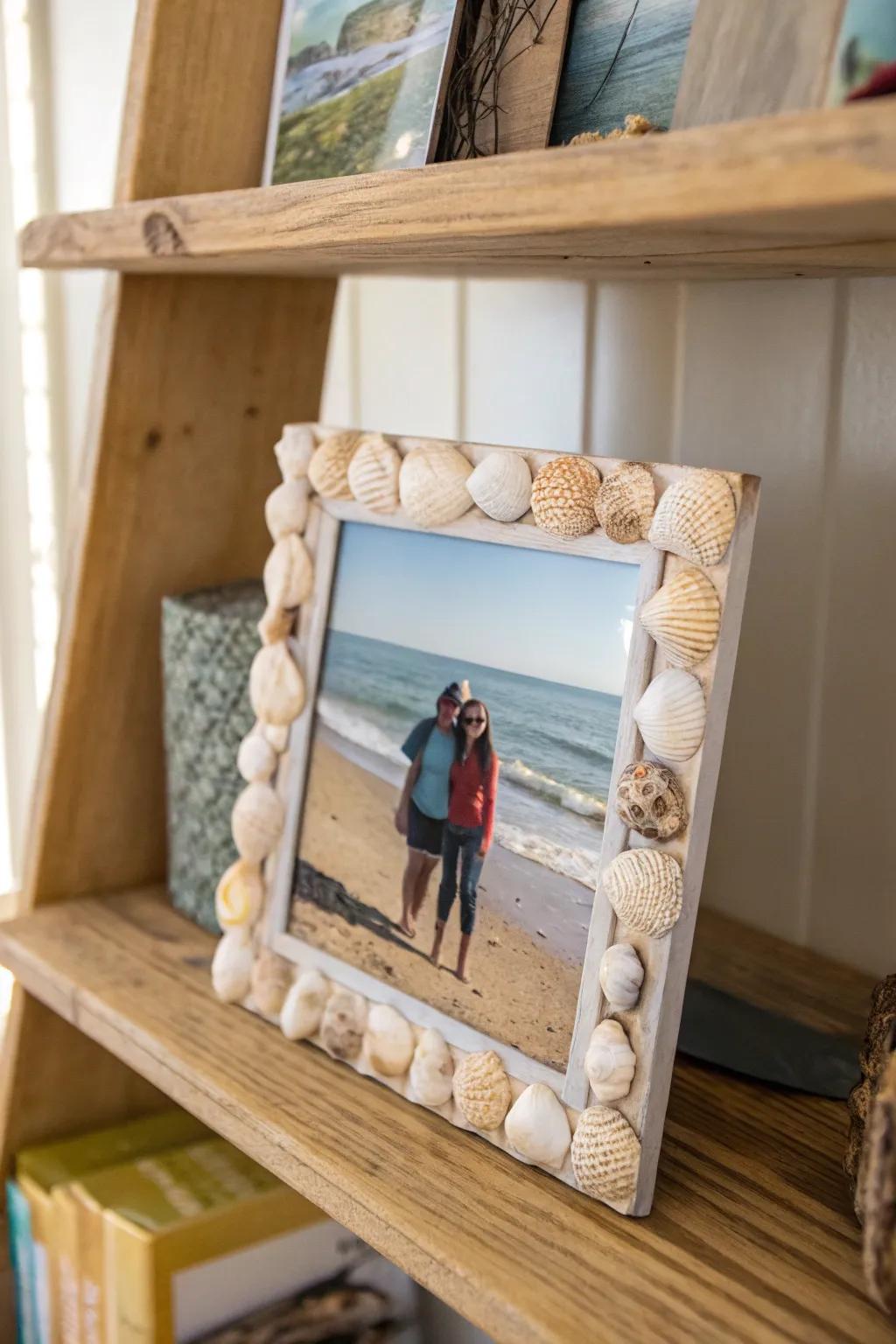 A handmade photo frame decorated with seashells, perfect for cherished memories.