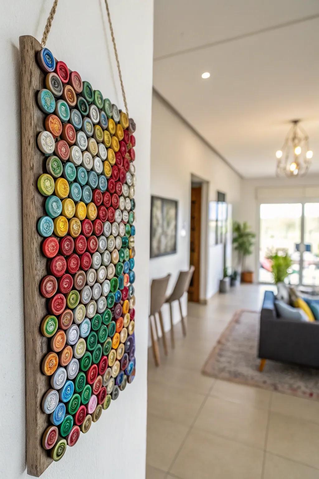 Bottle caps turned into a stunning mosaic art piece.