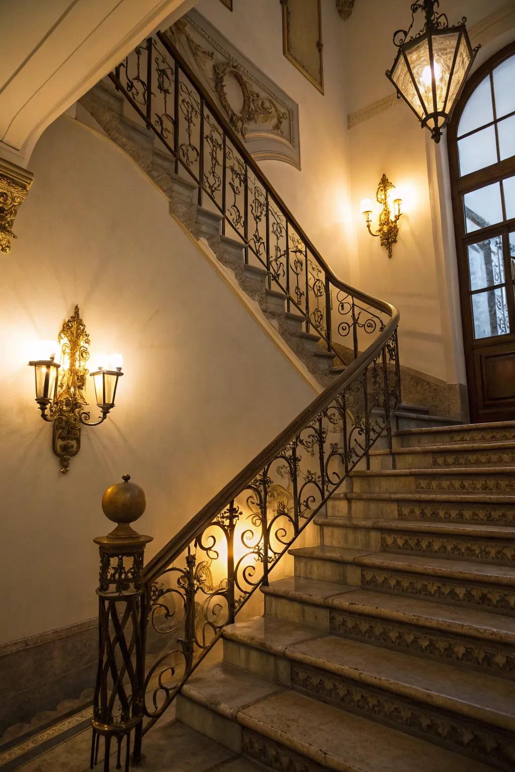 Brass sconces add a timeless elegance to any staircase.