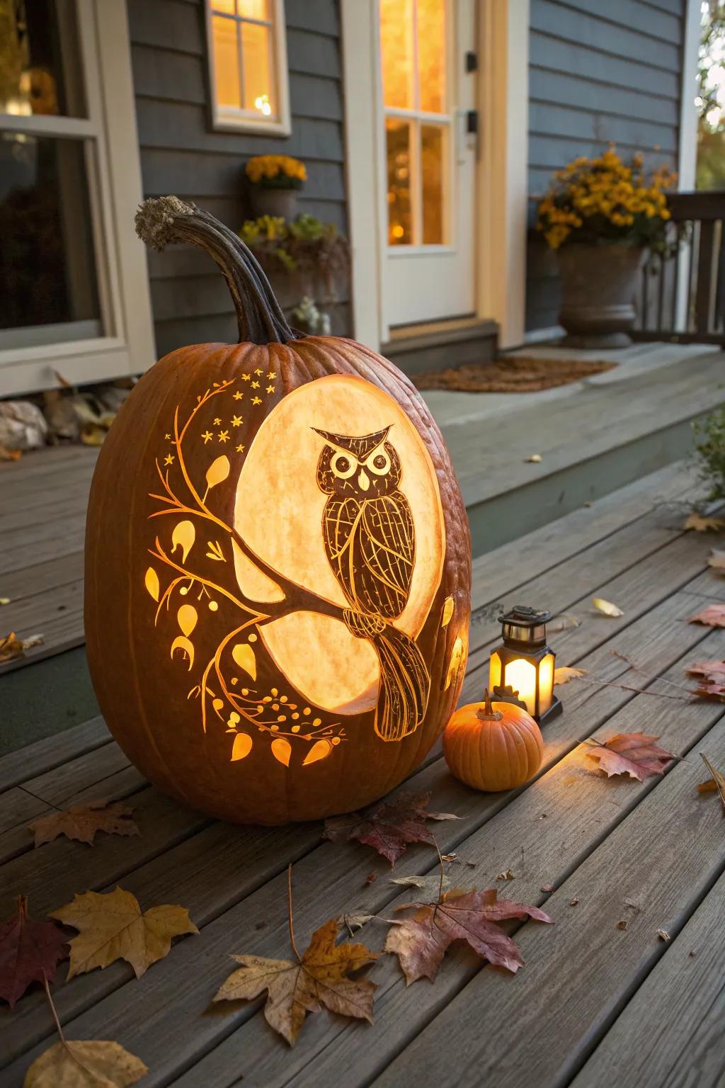 An owl perched under a glowing moon brings a touch of magic to your pumpkin carving.