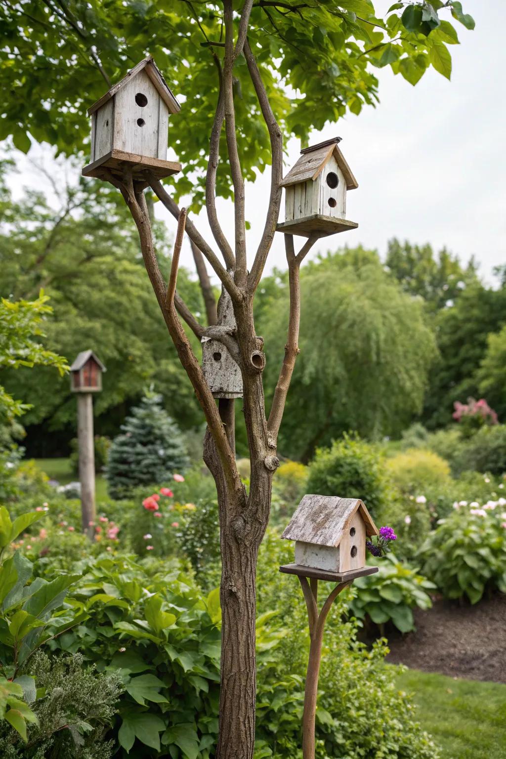 Create a natural look with birdhouses mounted on rustic branches.