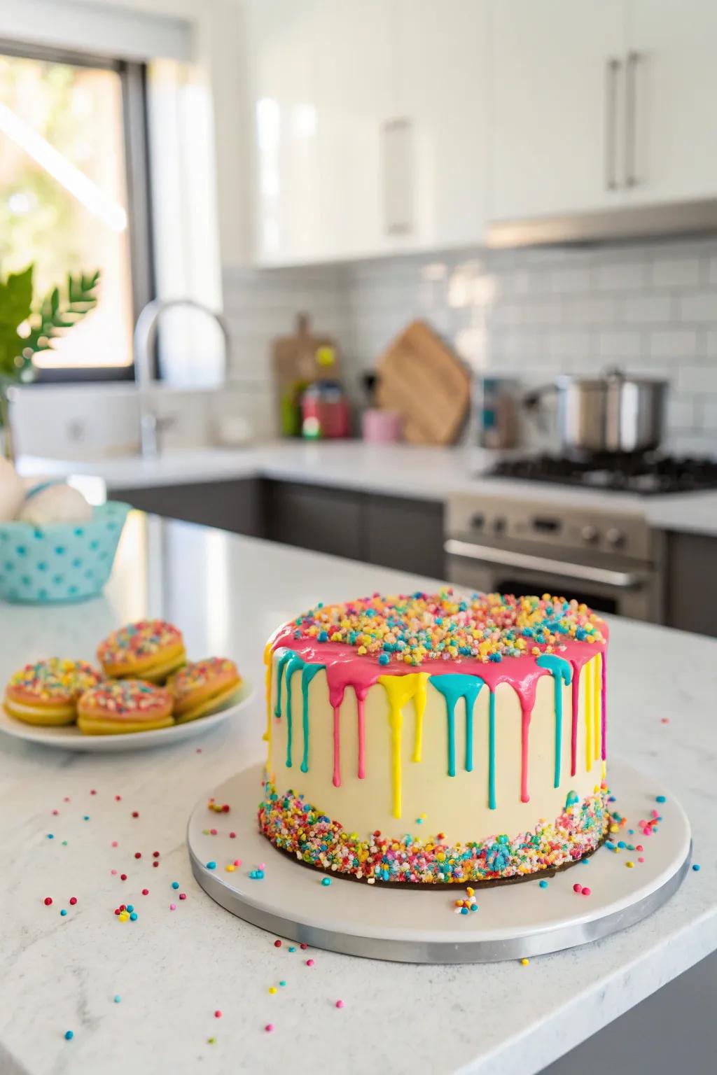 A cheerful confetti drip cake bursting with color and fun.