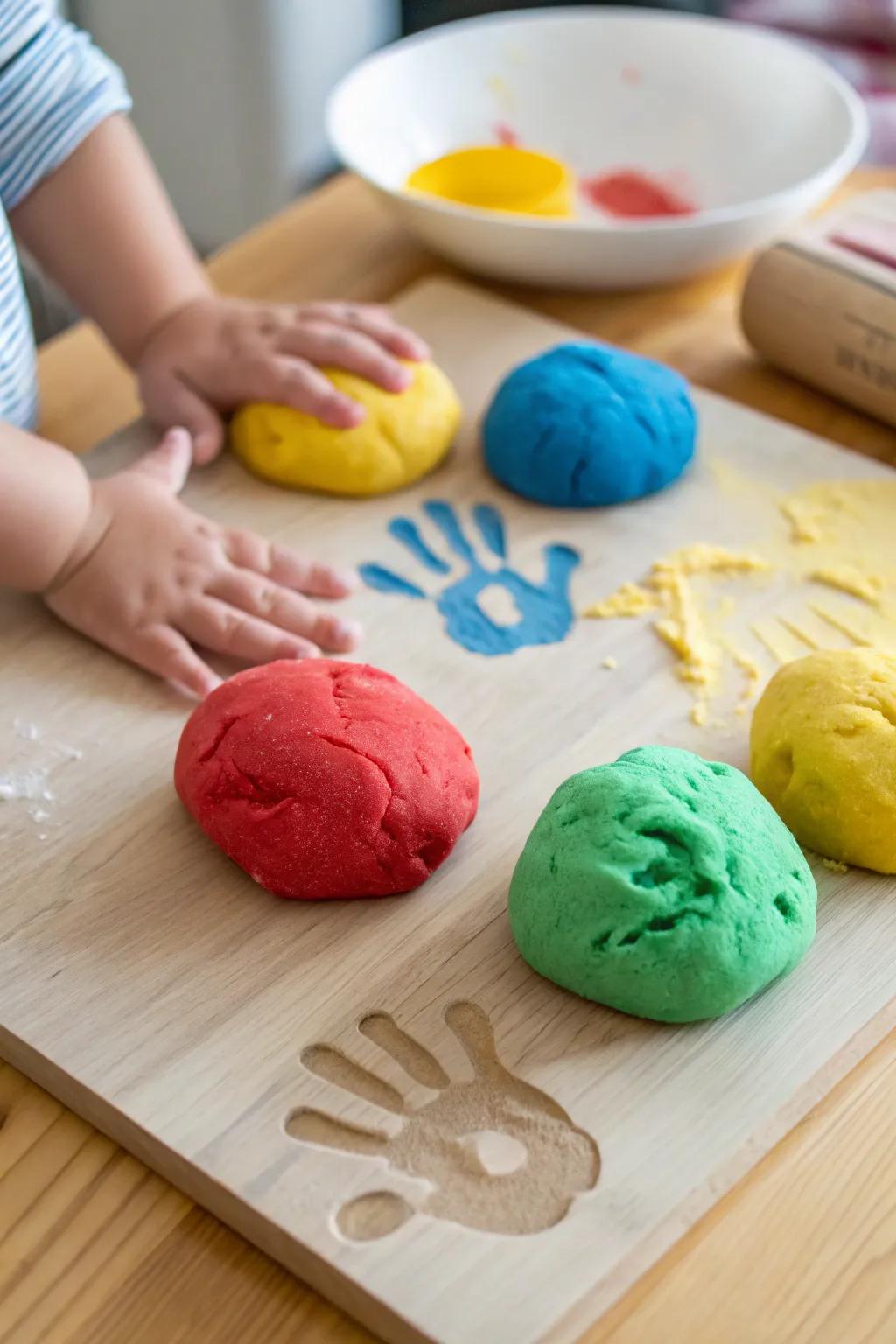 Brightly colored homemade playdough, ready for little hands to mold and shape.