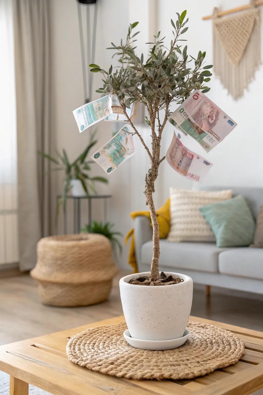 Transform birthday wishes into a centerpiece with this charming money tree, blending minimalist elegance with a boho twist.