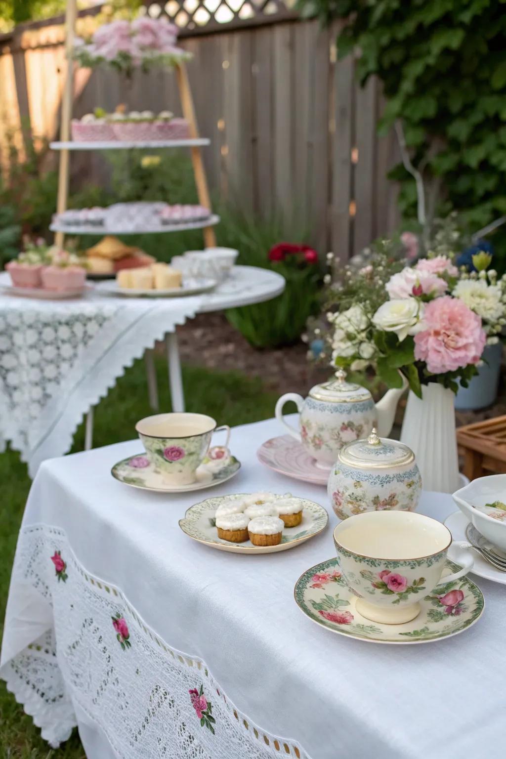 A whimsical garden tea party setup with vintage teacups and floral decorations.