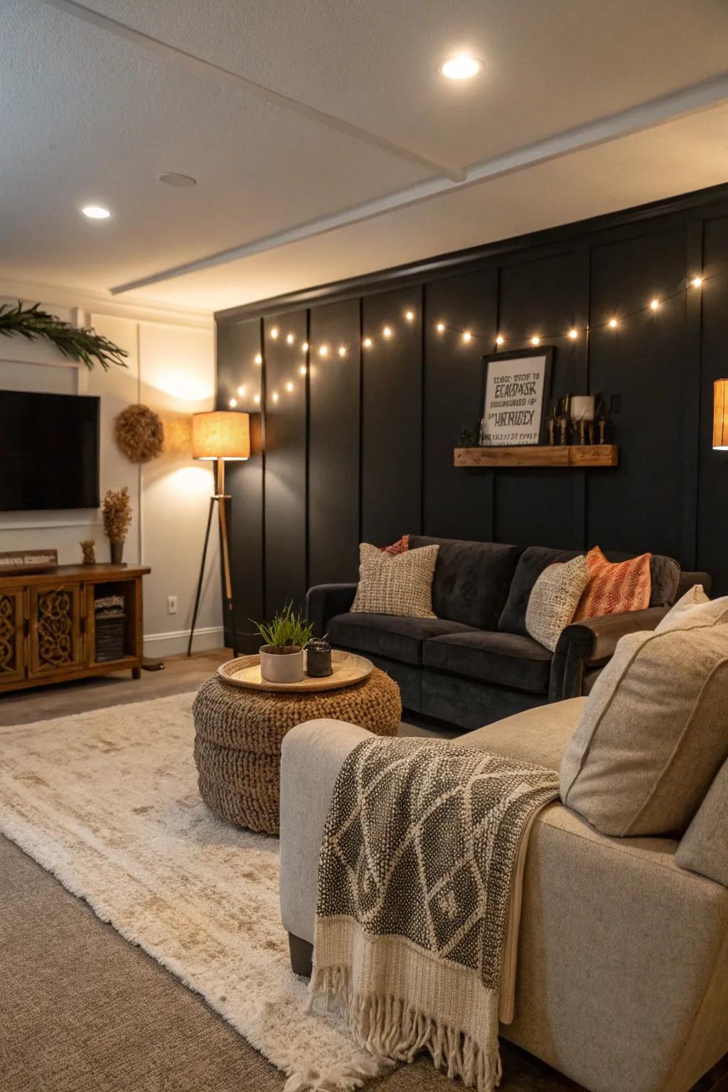 A black accent wall can anchor your living space beautifully.