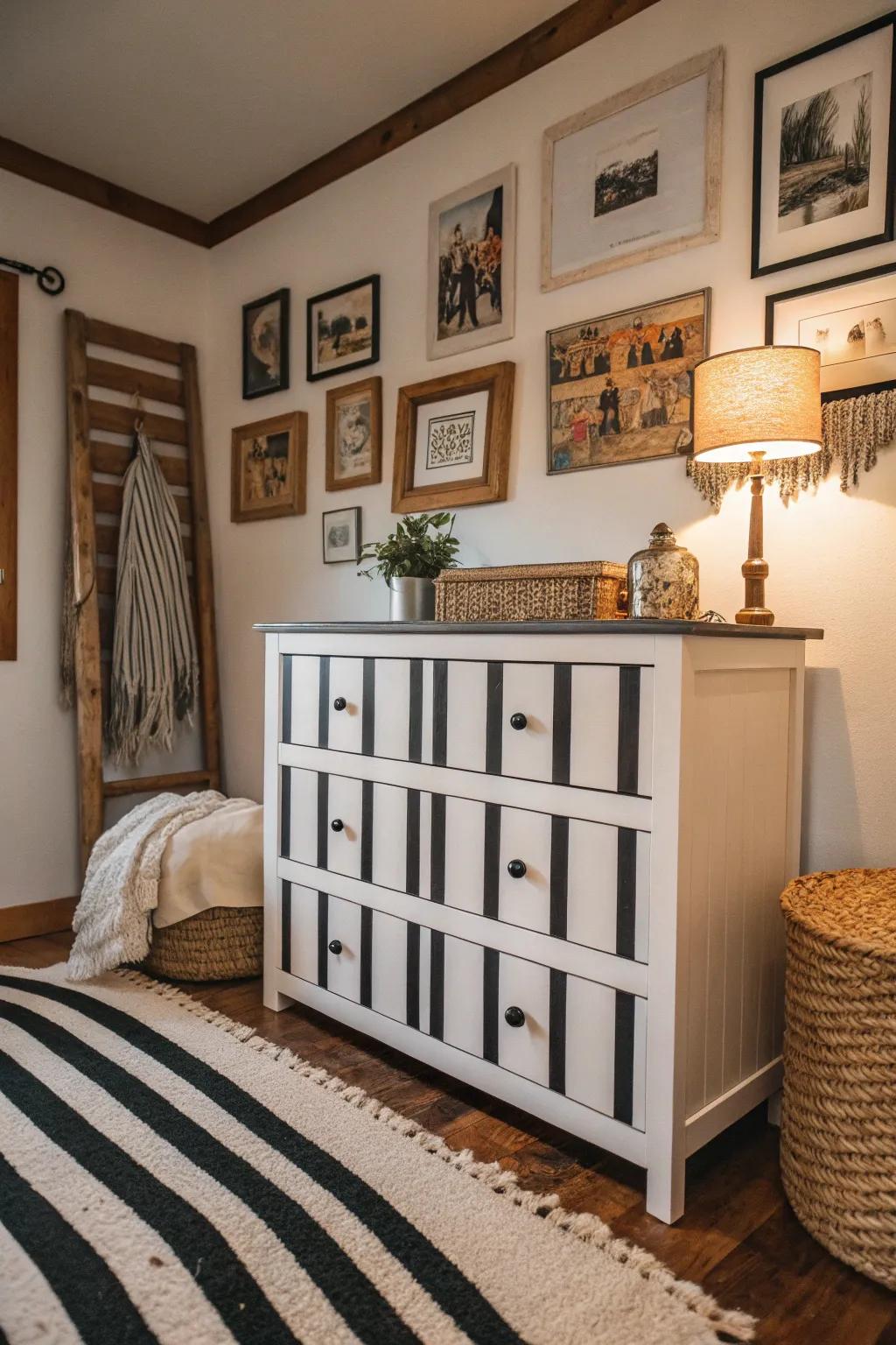 A classic striped dresser that adds a timeless touch to a cozy bedroom.