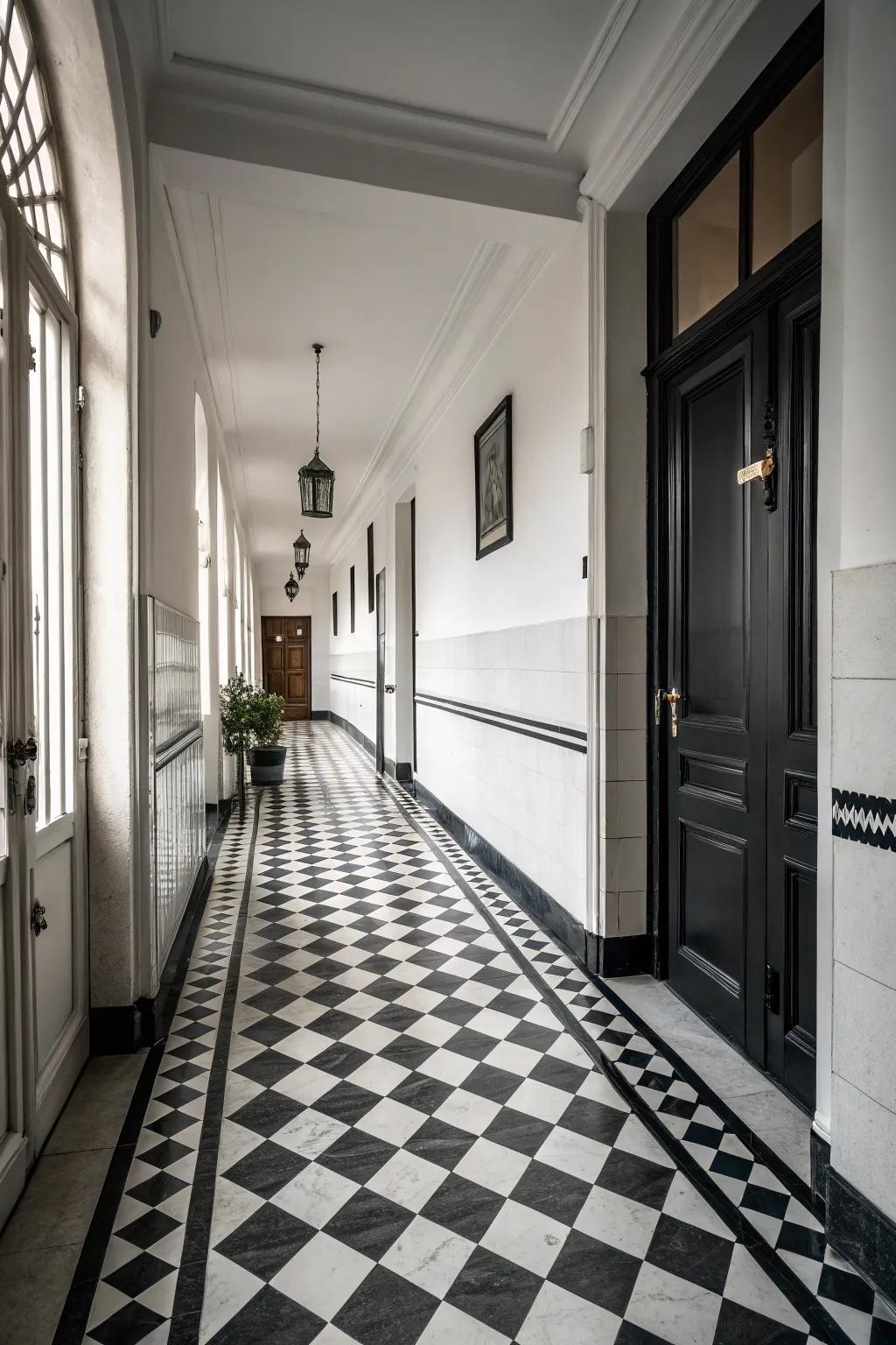 A hallway with classic checkerboard tiles and minimalist decor.