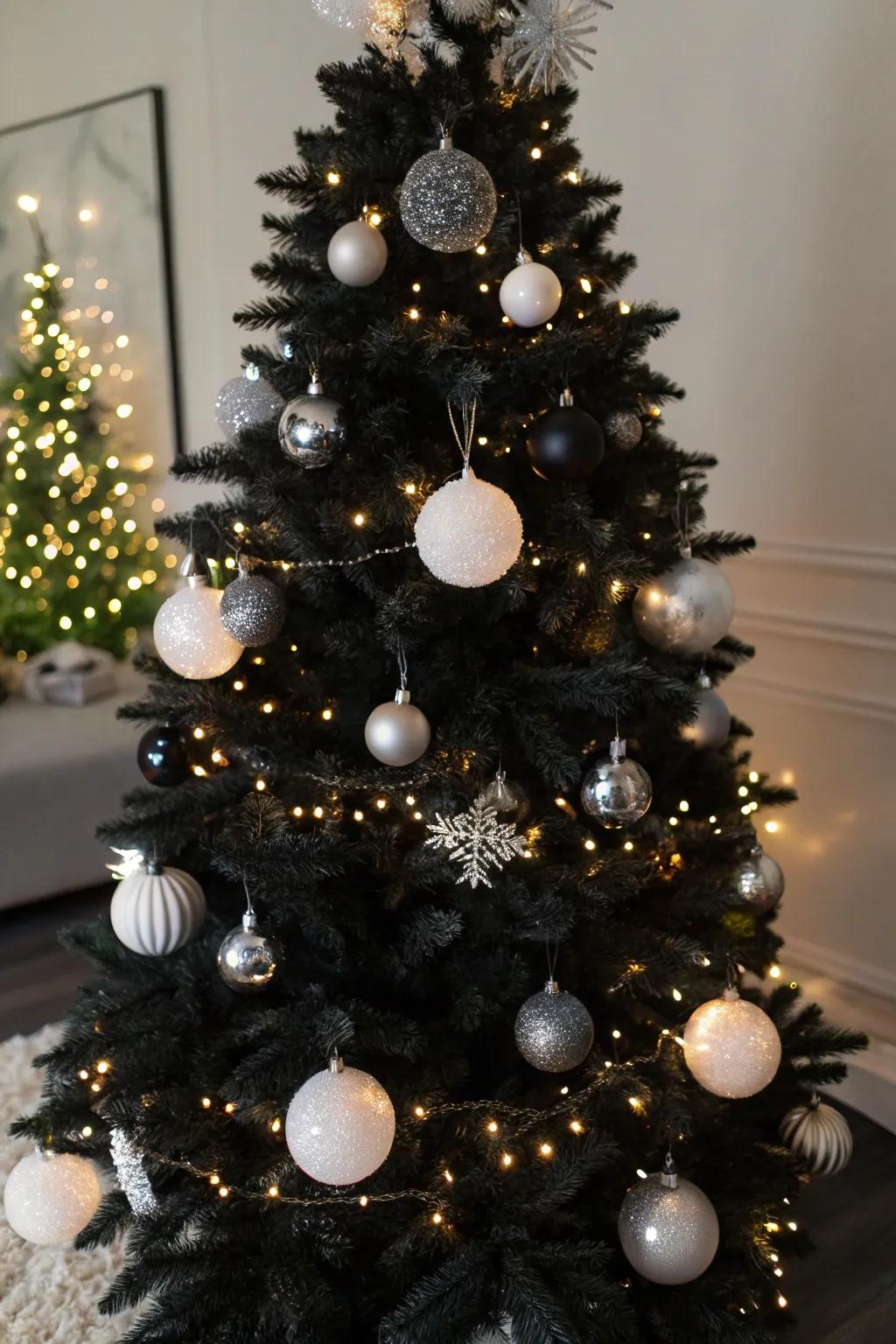 A black Christmas tree with white and silver ornaments for a timeless monochrome appeal.