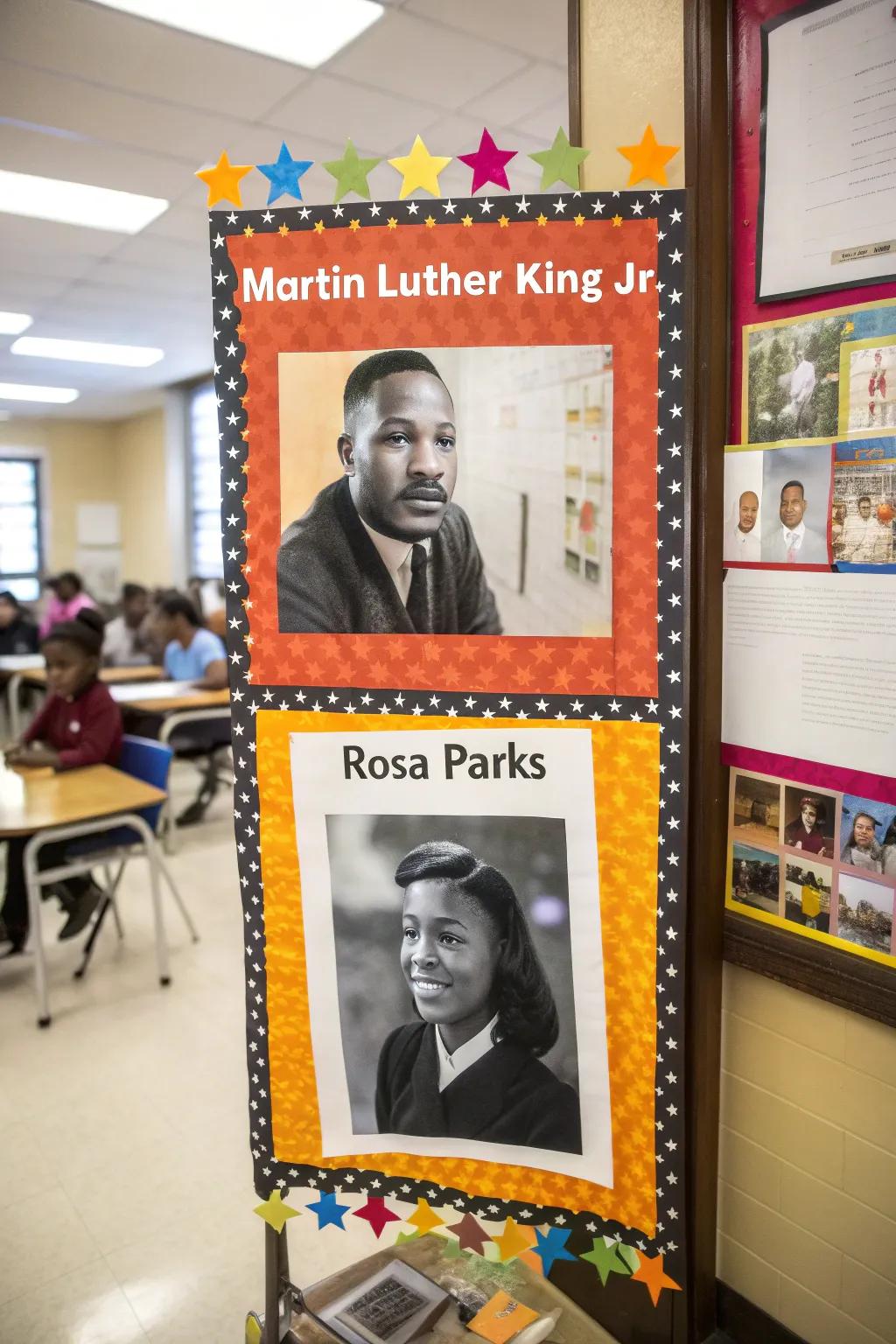 A bulletin board celebrating the lives and lessons of Martin Luther King Jr. and Rosa Parks.