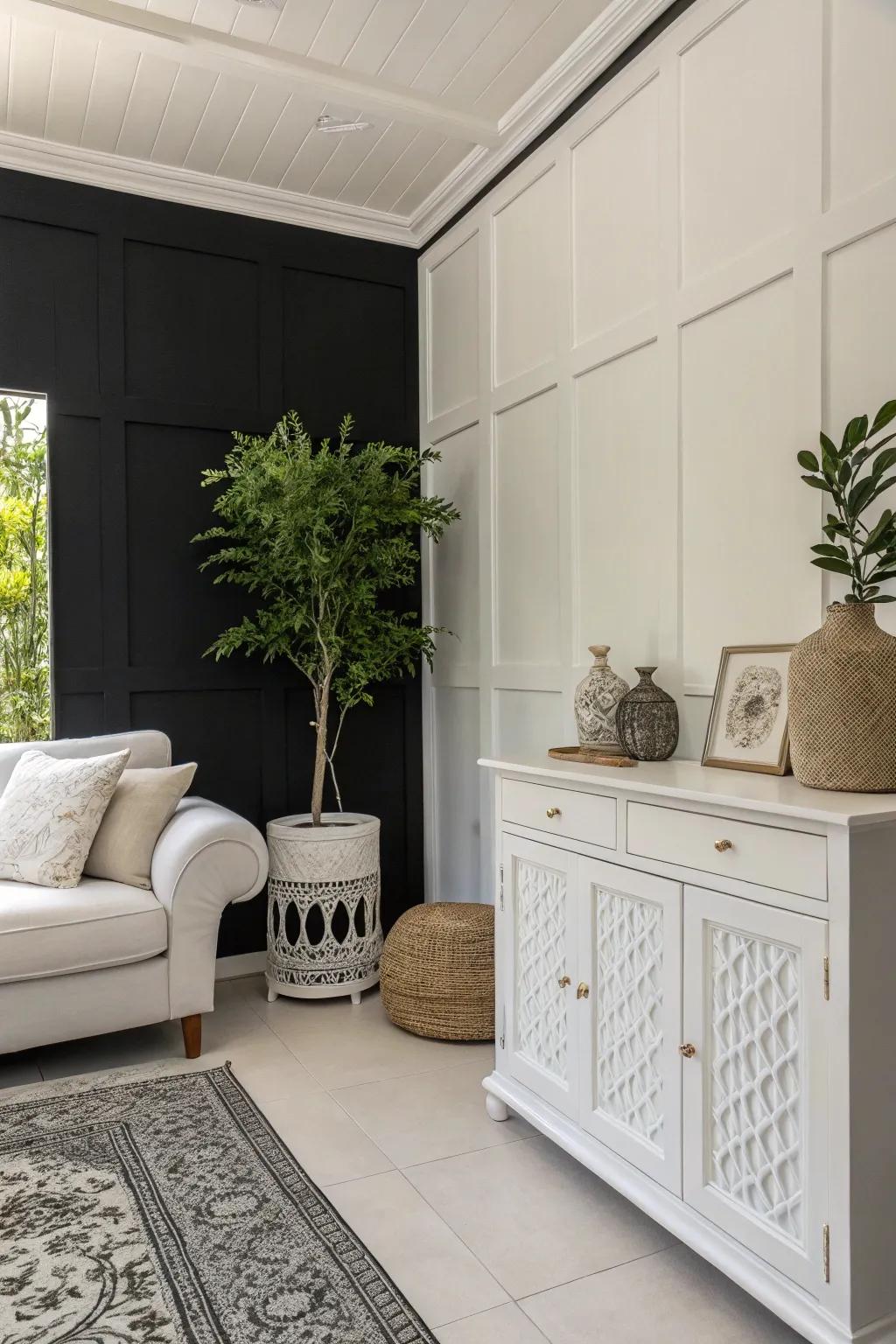 A room with a black accent wall, complemented by white furniture and greenery.