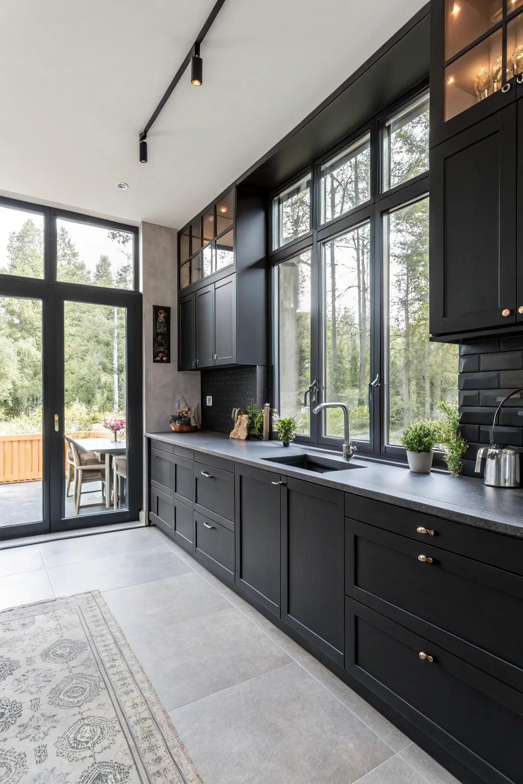 A bold all-black kitchen design, softened by the influx of natural light.