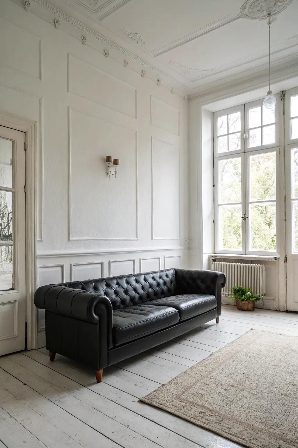 The black leather sofa anchors this minimalist room, creating a tranquil yet bold atmosphere.