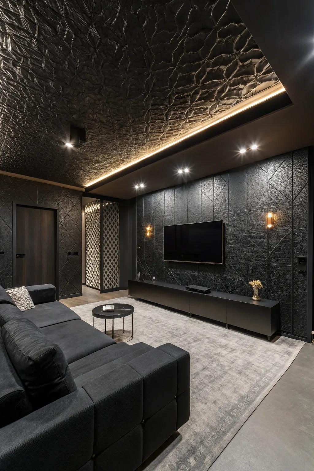 An all-black living room that embraces bold elegance and modern comfort.