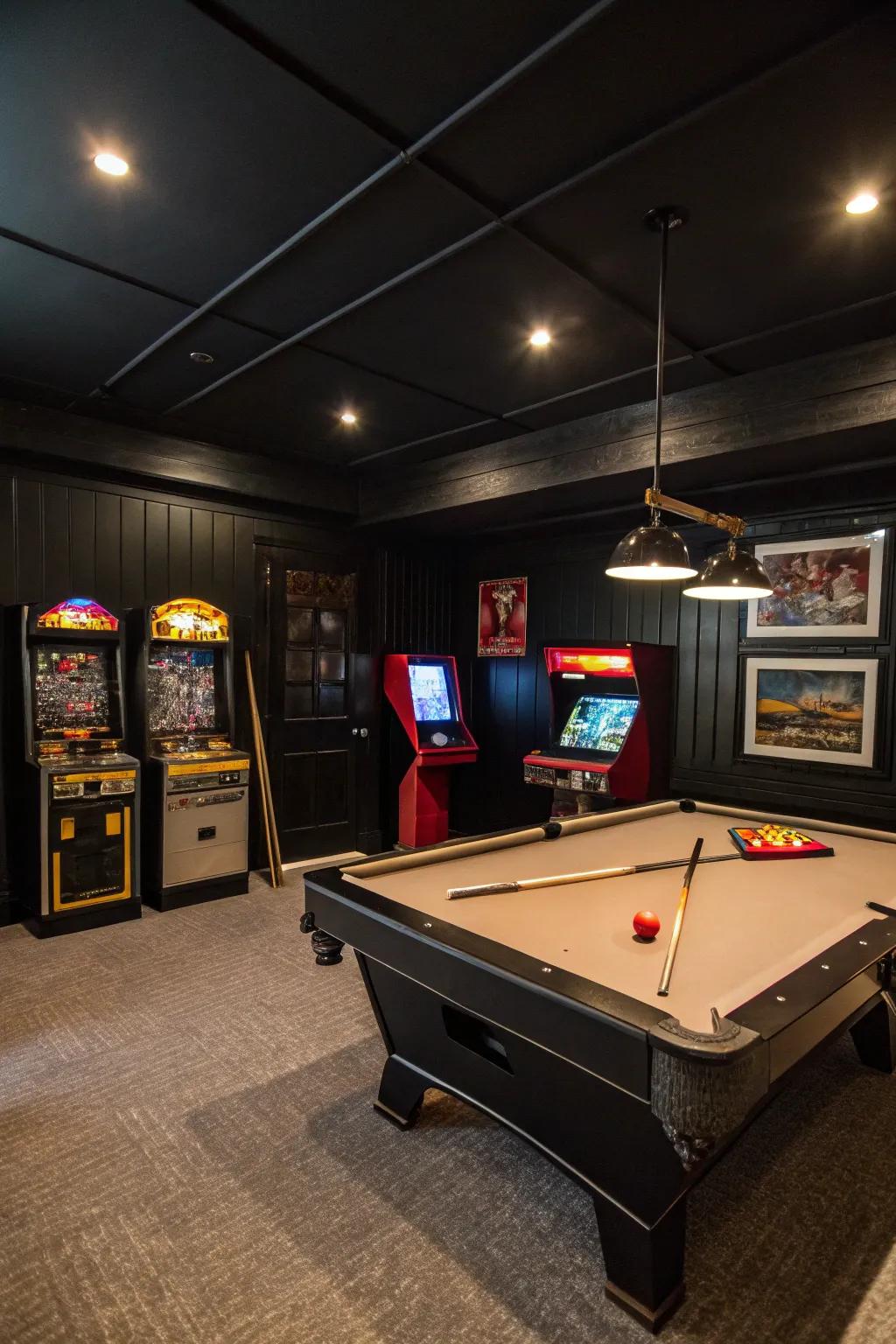 A black-walled game room that highlights entertainment features.