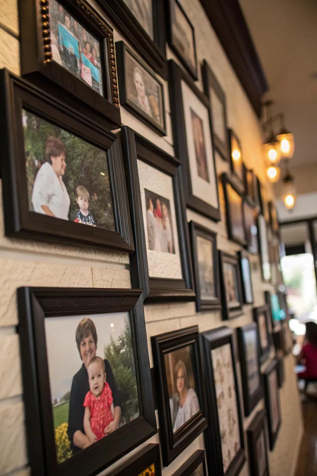 A cozy corner with a clustered display of black picture frames.