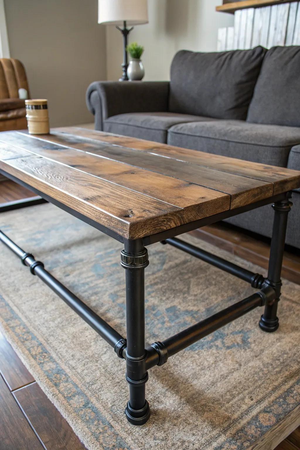 Elevate your living room with this industrial coffee table, where rustic charm meets modern craftsmanship.