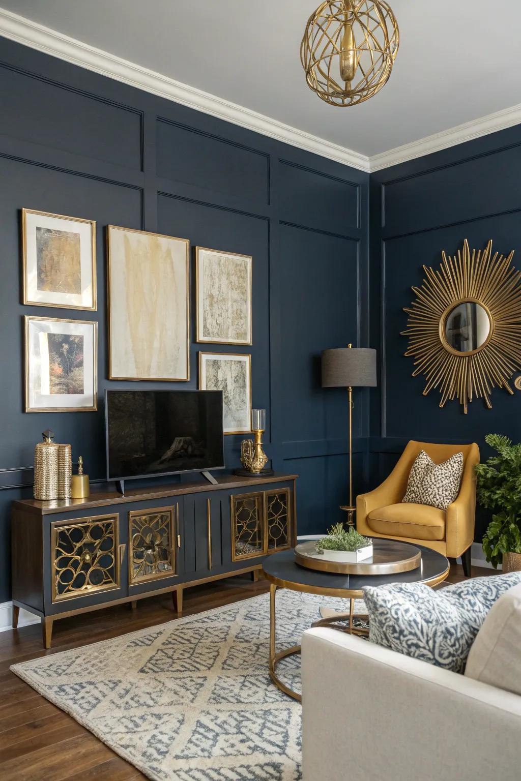 A living room featuring a deep navy blue accent wall with gold accents and modern art.