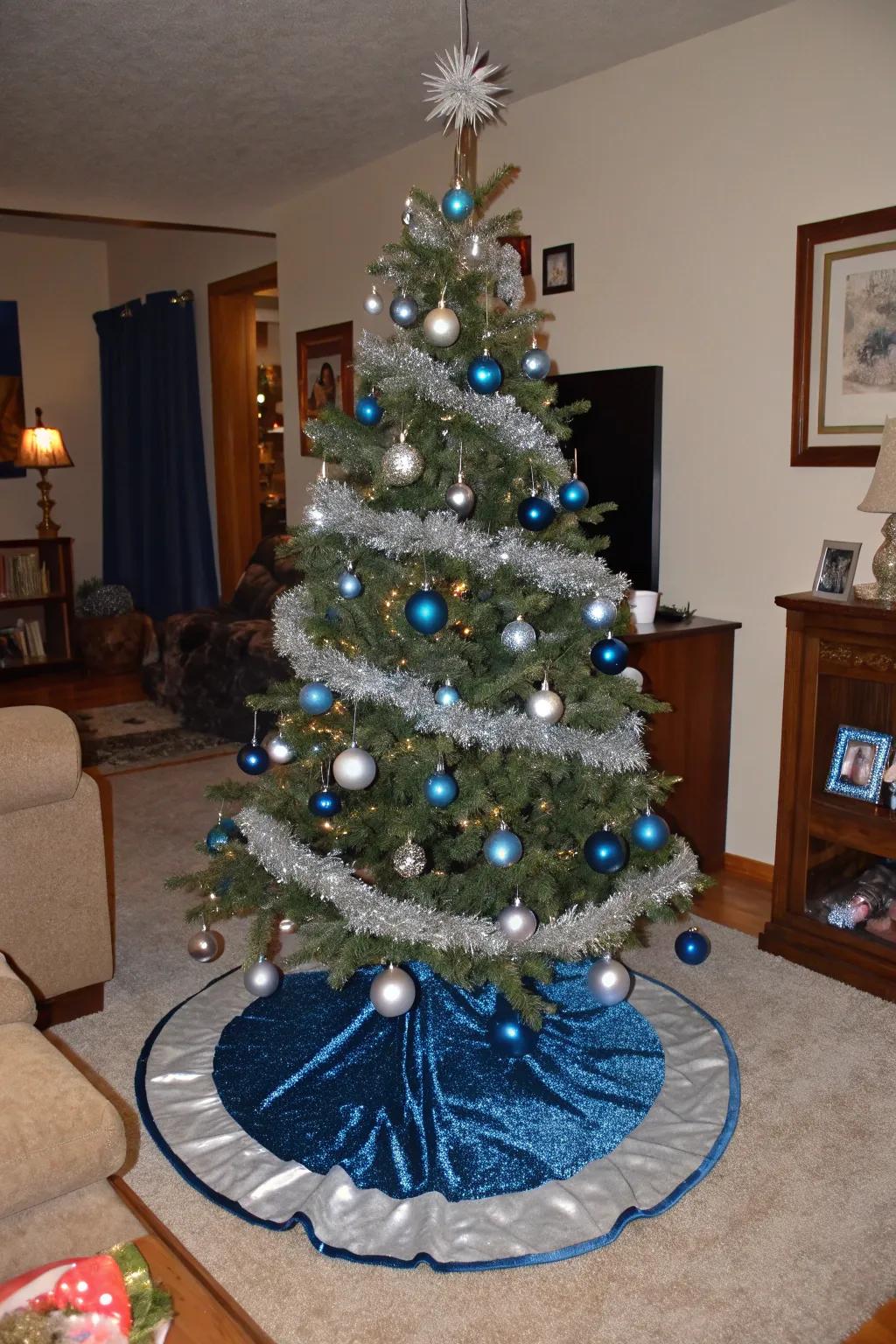 A blue and silver Christmas tree that brings elegance and tranquility to the holiday season.