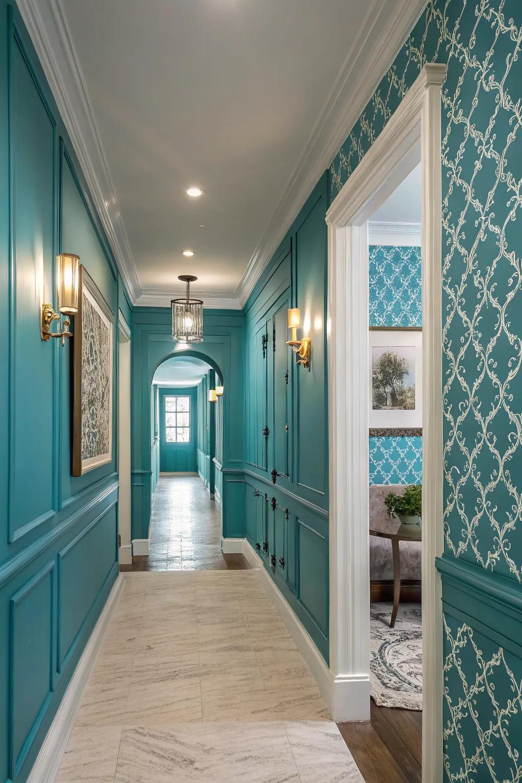 A hallway that flows seamlessly with adjoining spaces using teal blue.