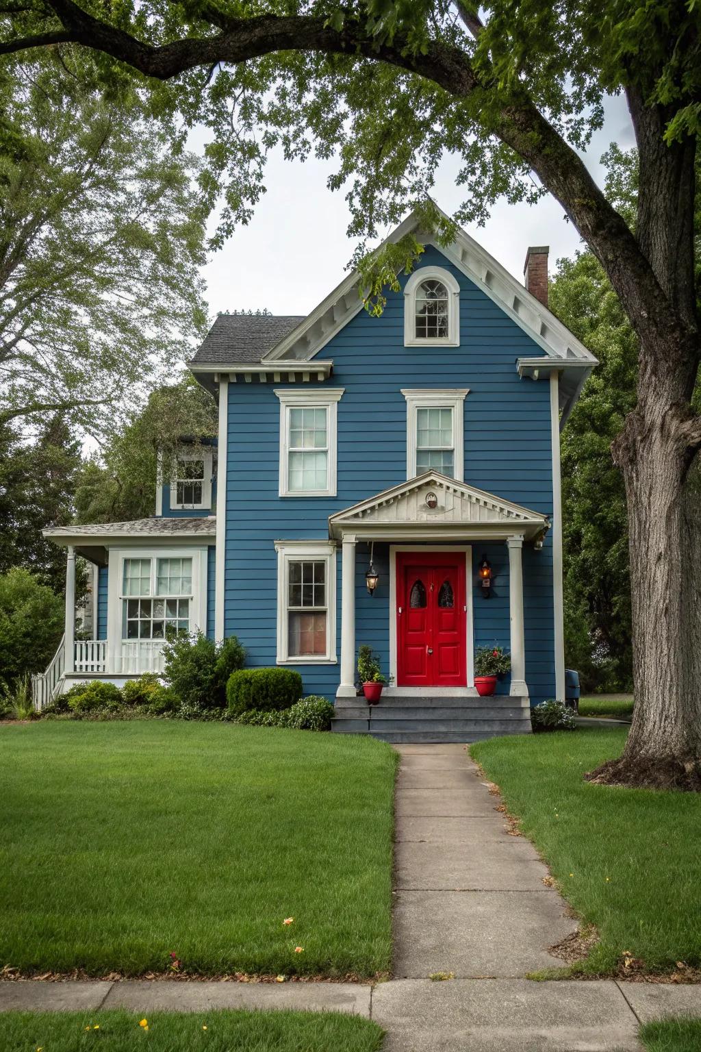 A red door adds a bold statement to a blue house.