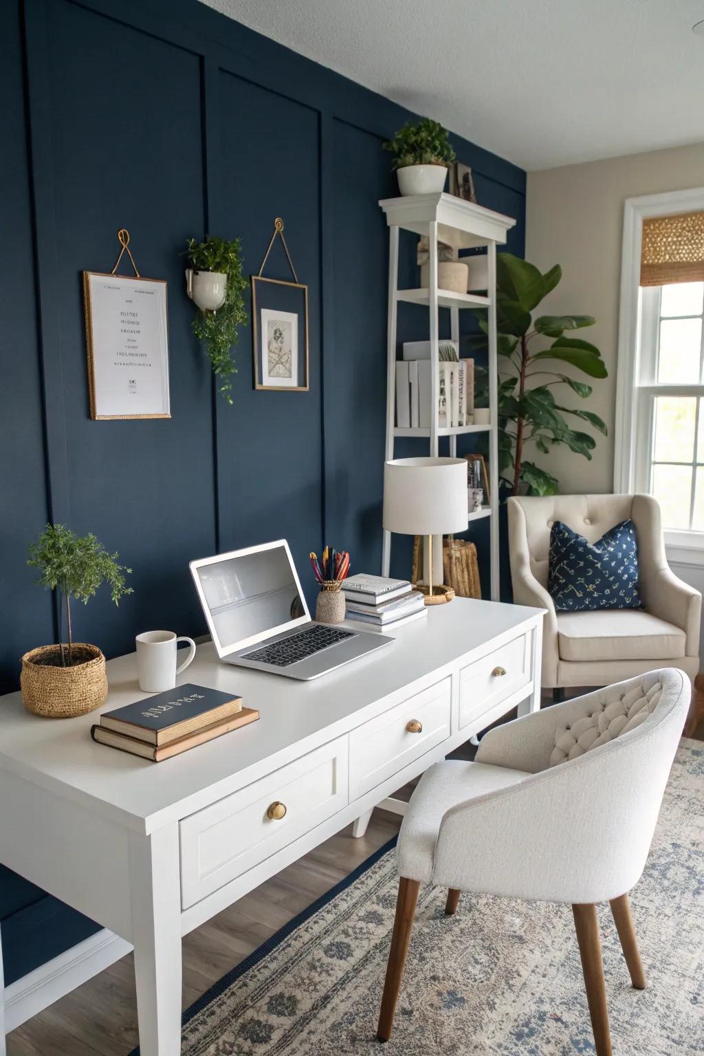 Navy blue walls add drama and depth to this elegant office.