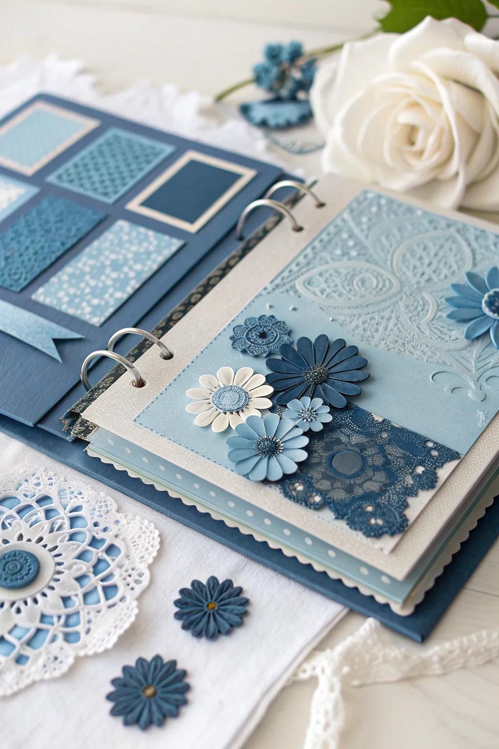 Dive into the serene beauty of blue with a monochrome scrapbook masterpiece. #MonochromeMagic #ScandiBoho